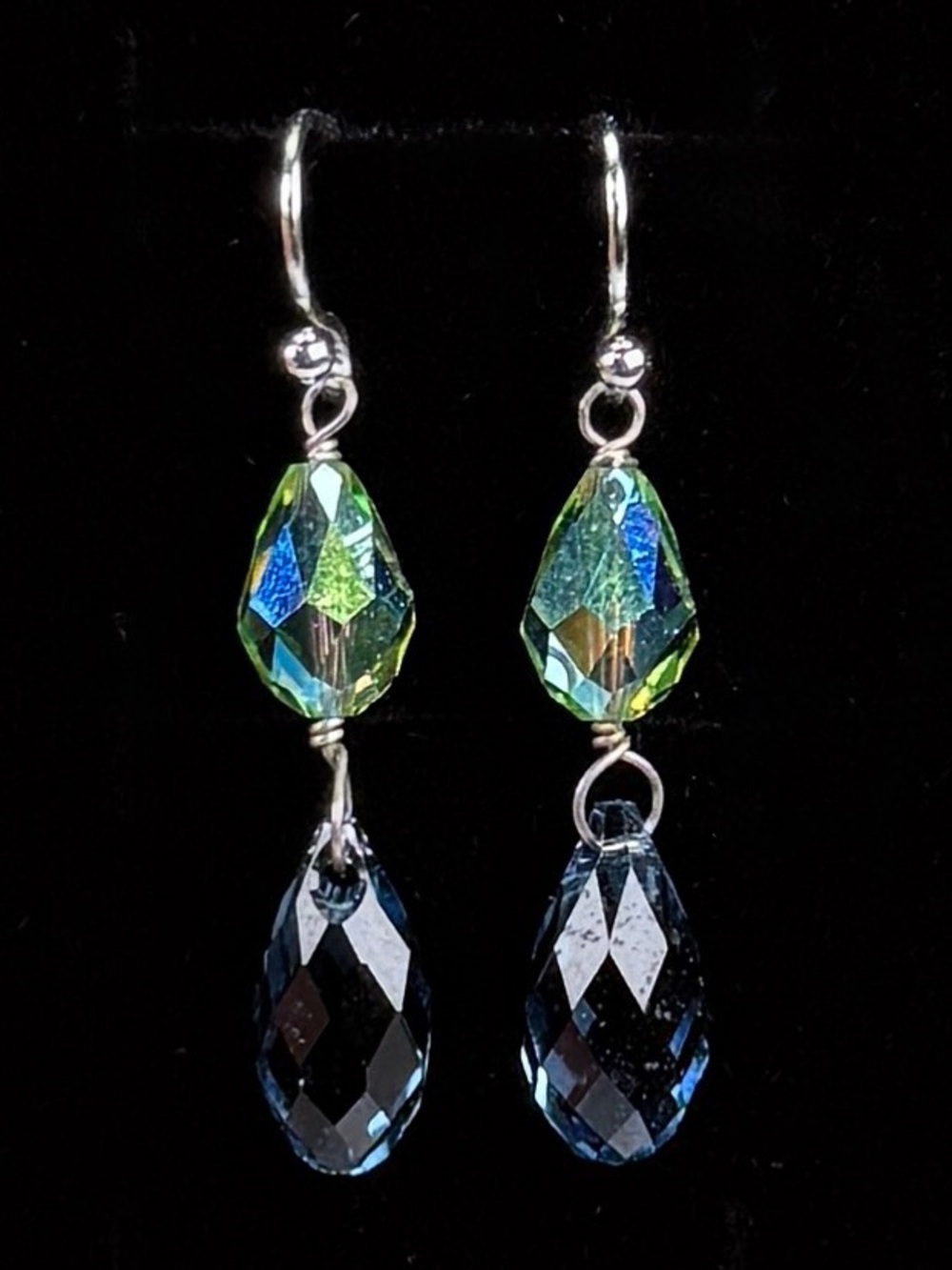 Beautiful green blue and silvertone reflective costume pierced earrings